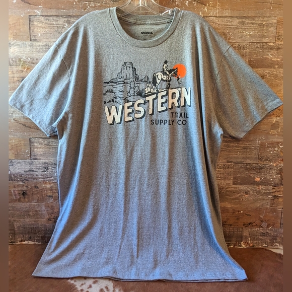2/$10 Sonoma Goods Life Western Trail Supply Logo Heather Gray Tee - Picture 6 of 14